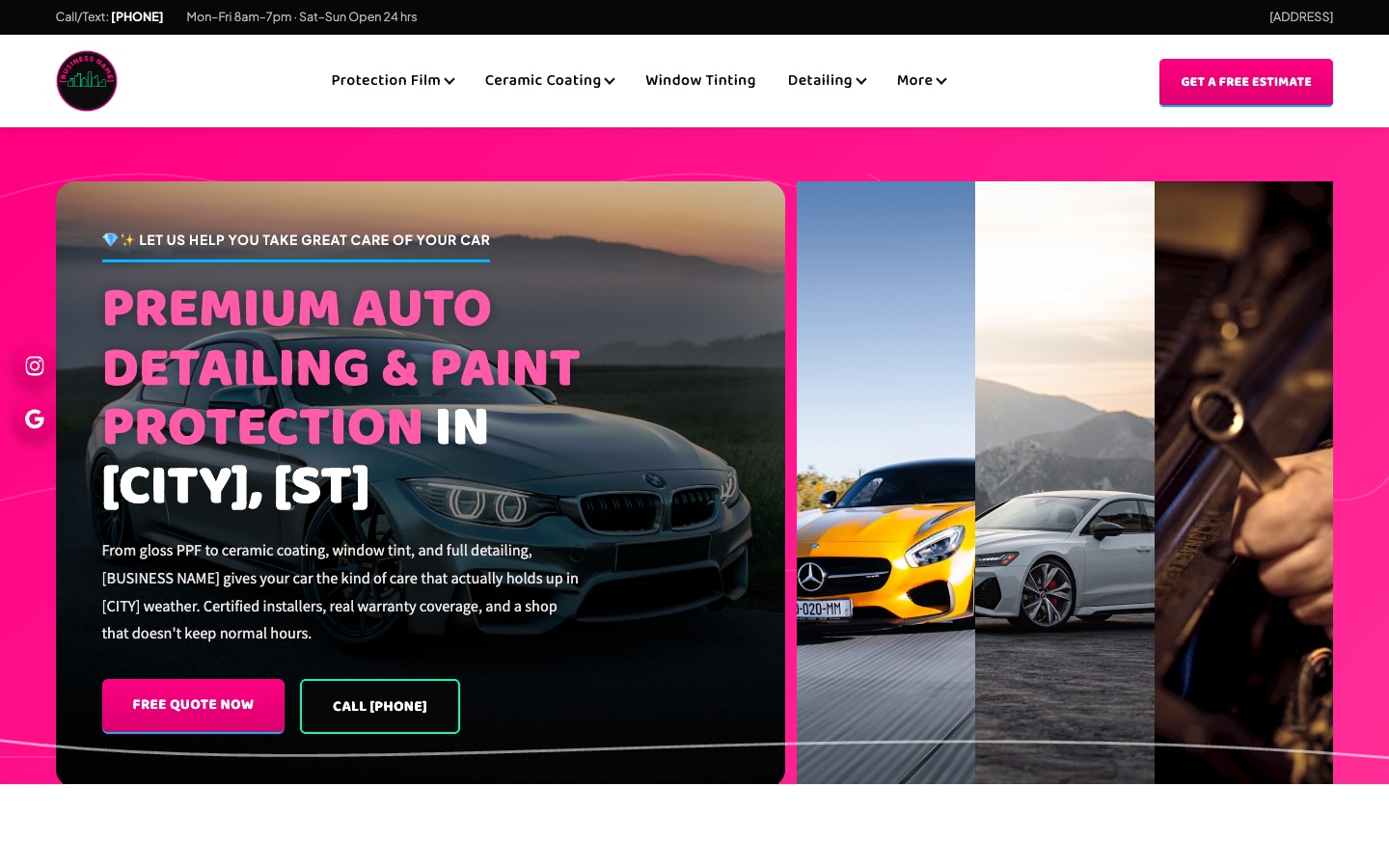 AFTERHOURS design system — pink, teal, and blue with a photo filmstrip hero