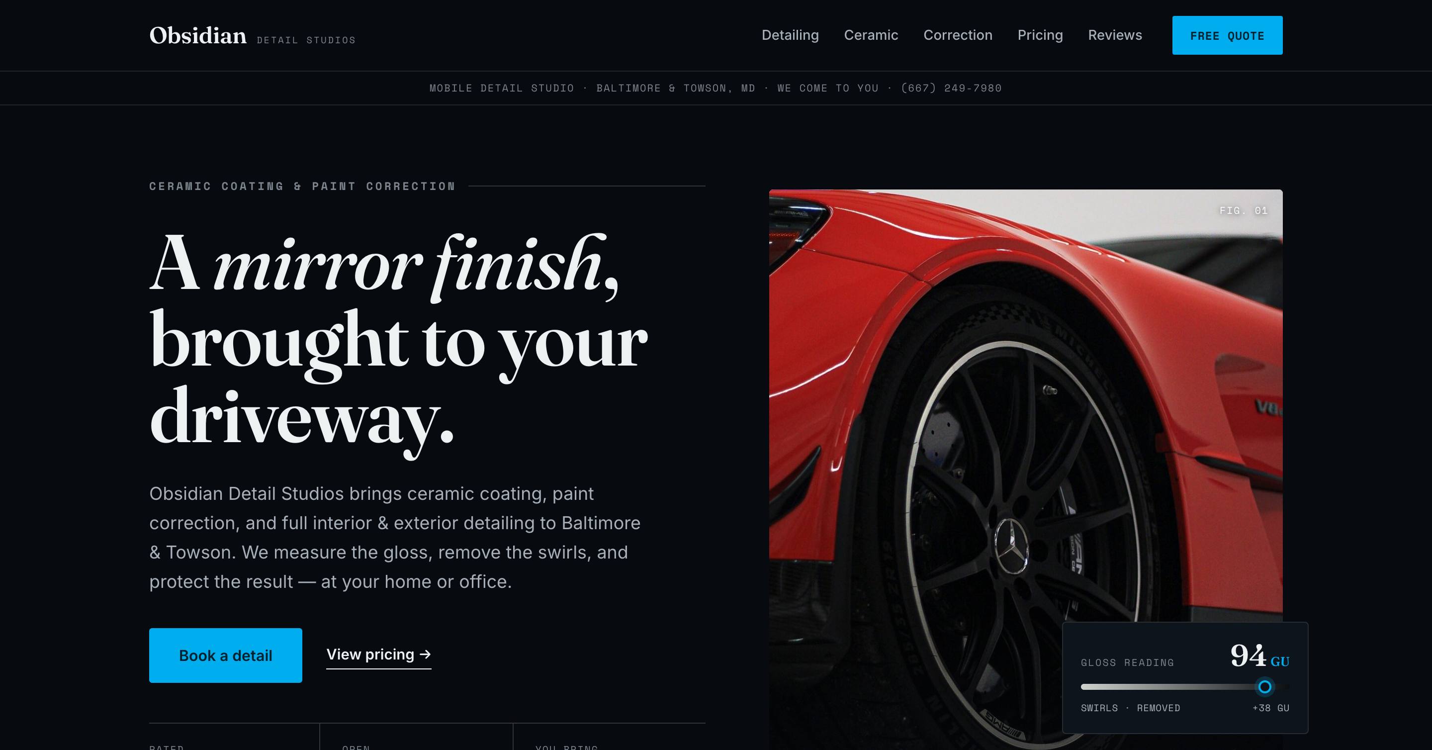 DETAIL SPEC design system — dark editorial spec sheet with serif display type