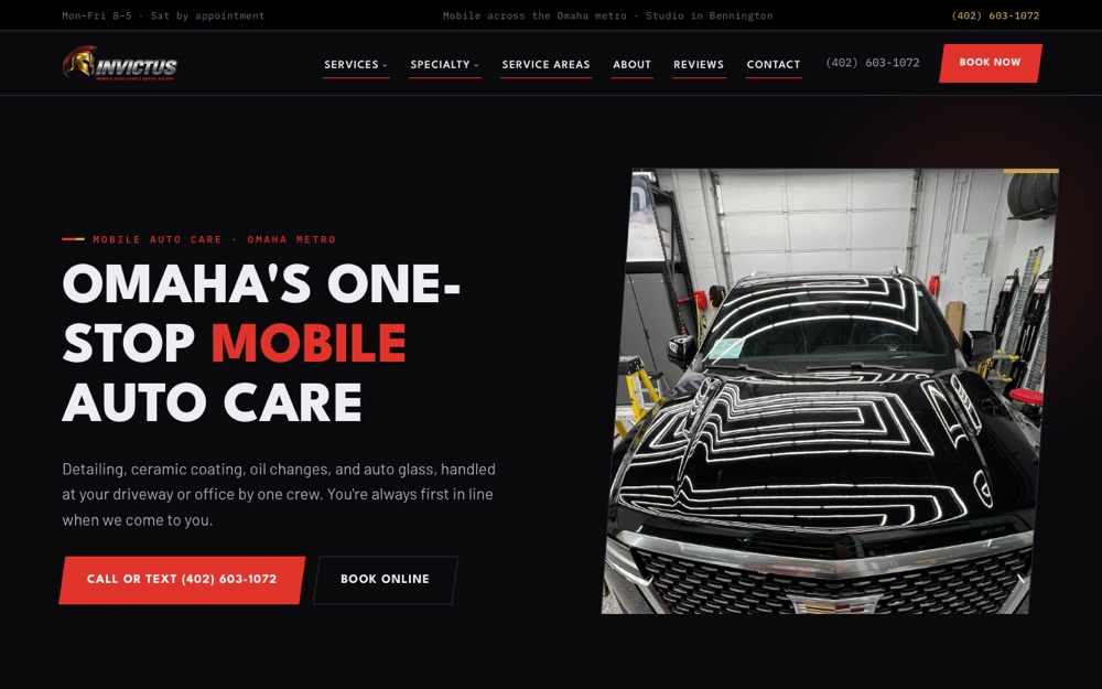 Invictus Mobile Auto Care detailing website, Omaha NE